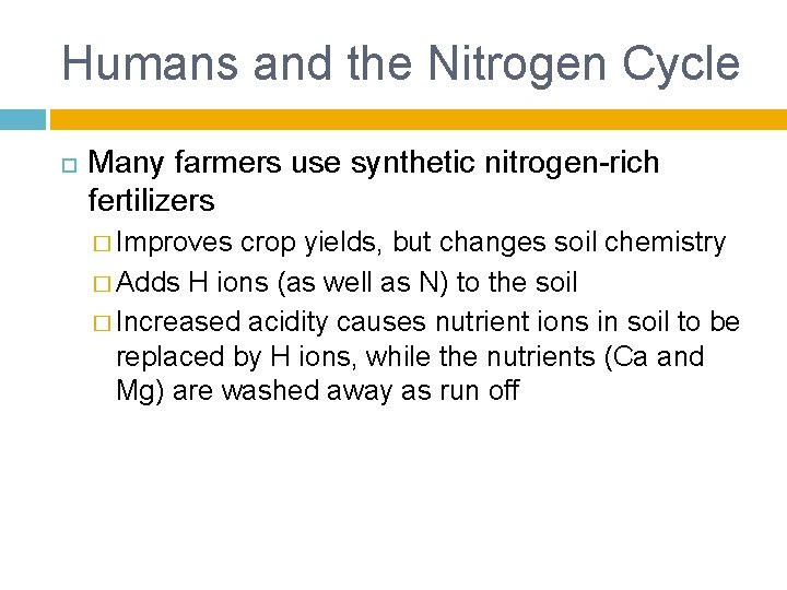 Humans and the Nitrogen Cycle Many farmers use synthetic nitrogen-rich fertilizers � Improves crop