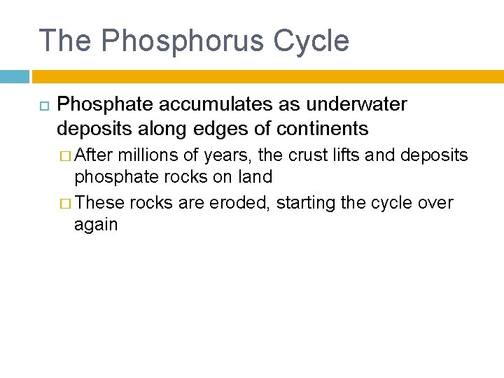 The Phosphorus Cycle Phosphate accumulates as underwater deposits along edges of continents � After