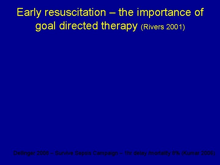 Early resuscitation – the importance of goal directed therapy (Rivers 2001) Dellinger 2008 –