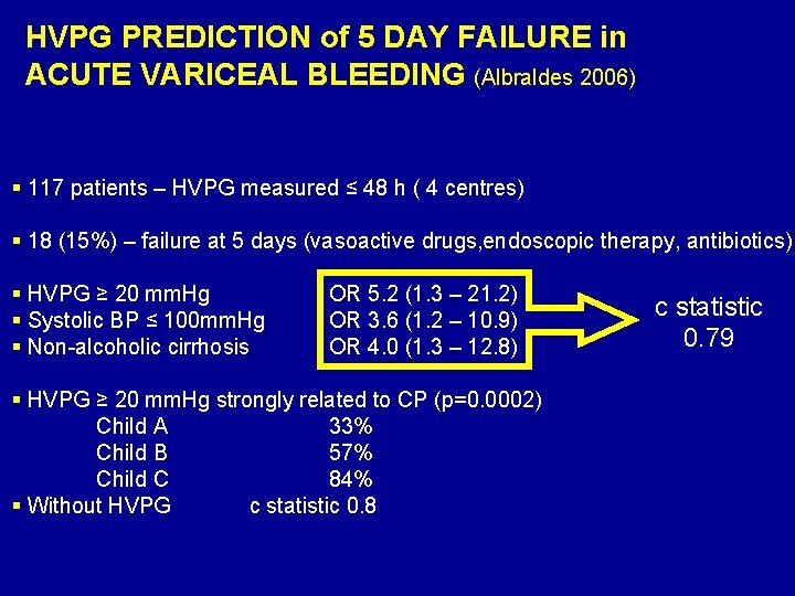 HVPG PREDICTION of 5 DAY FAILURE in ACUTE VARICEAL BLEEDING (Albraldes 2006) § 117