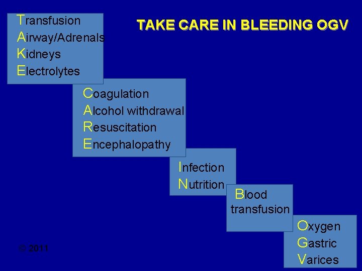 Transfusion Airway/Adrenals Kidneys Electrolytes TAKE CARE IN BLEEDING OGV Coagulation Alcohol withdrawal Resuscitation Encephalopathy