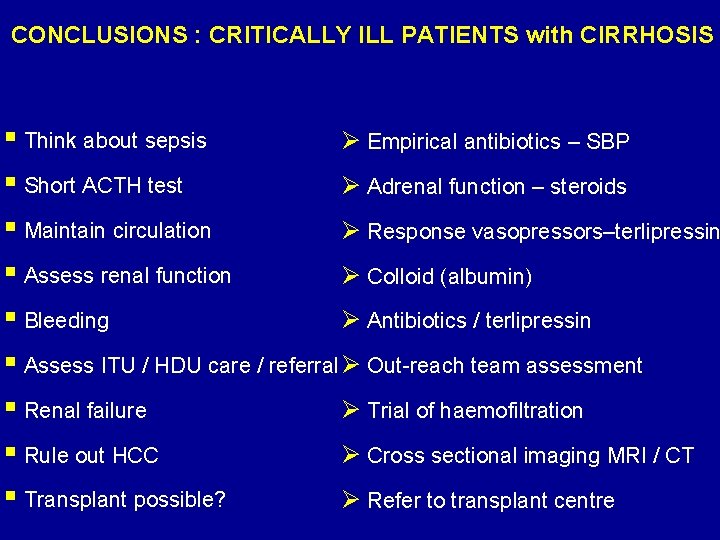 CONCLUSIONS : CRITICALLY ILL PATIENTS with CIRRHOSIS § Think about sepsis Ø Empirical antibiotics