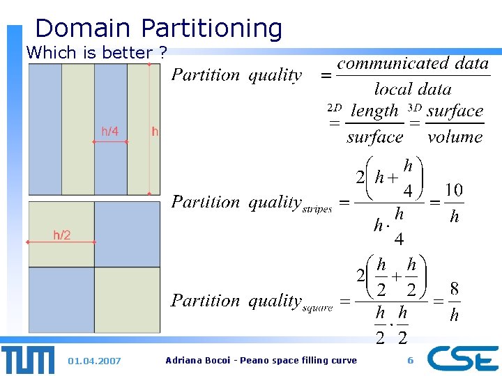 Domain Partitioning Which is better ? 01. 04. 2007 Adriana Bocoi - Peano space