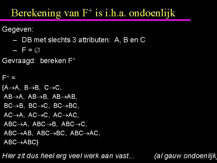 Berekening van F+ is i. h. a. ondoenlijk Gegeven: – DB met slechts 3