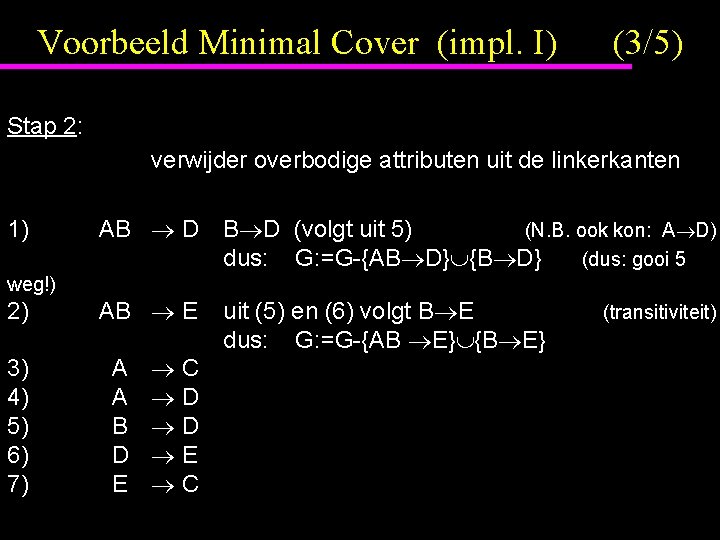 Voorbeeld Minimal Cover (impl. I) (3/5) Stap 2: verwijder overbodige attributen uit de linkerkanten