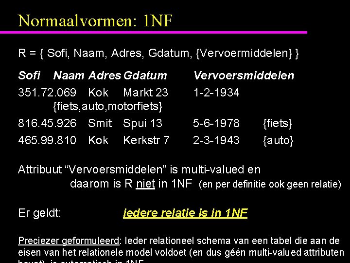 Normaalvormen: 1 NF R = { Sofi, Naam, Adres, Gdatum, {Vervoermiddelen} } Sofi Naam