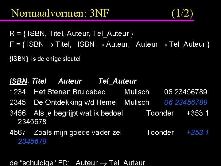Normaalvormen: 3 NF (1/2) R = { ISBN, Titel, Auteur, Tel_Auteur } F =