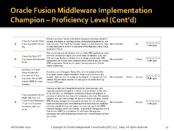 Oracle Fusion Middleware Implementation Champion – Proficiency Level (Cont’d) 06 October 2020 Copyright ©