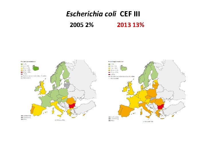Escherichia coli CEF III 2005 2% 2013 13% 