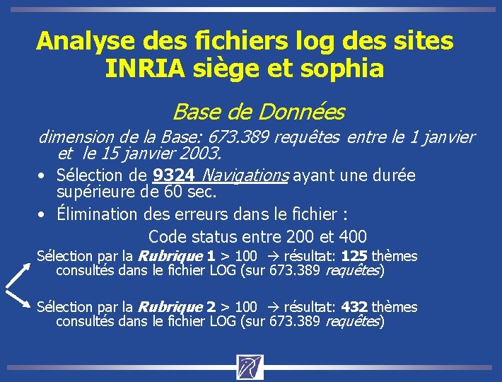 Analyse des fichiers log des sites INRIA siège et sophia Base de Données dimension