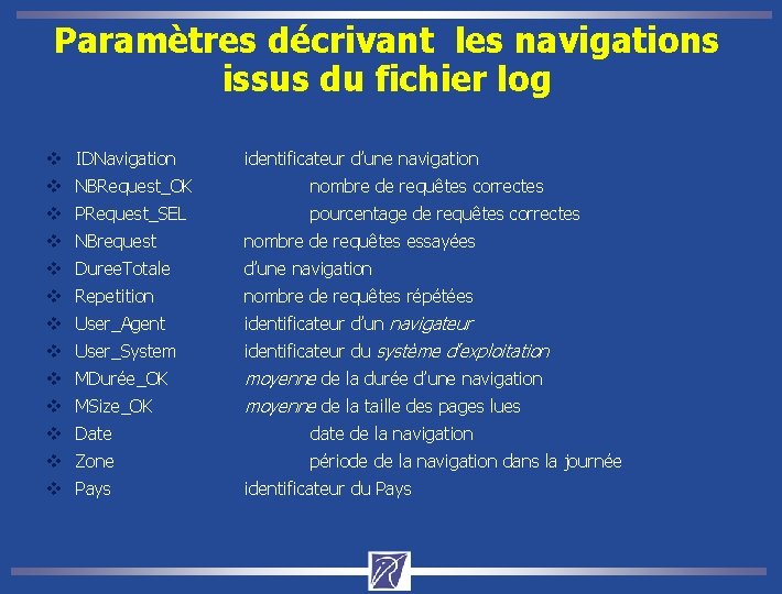 Paramètres décrivant les navigations issus du fichier log v IDNavigation identificateur d’une navigation v