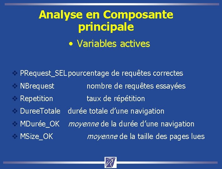 Analyse en Composante principale • Variables actives v PRequest_SEL pourcentage de requêtes correctes v