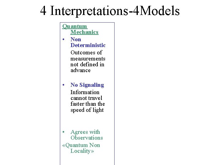 4 Interpretations-4 Models Quantum Mechanics • Non Deterministic Outcomes of measurements not defined in