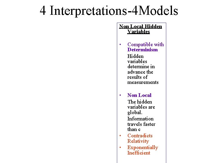 4 Interpretations-4 Models Non Local Hidden Variables • Compatible with Determinism Hidden variables determine