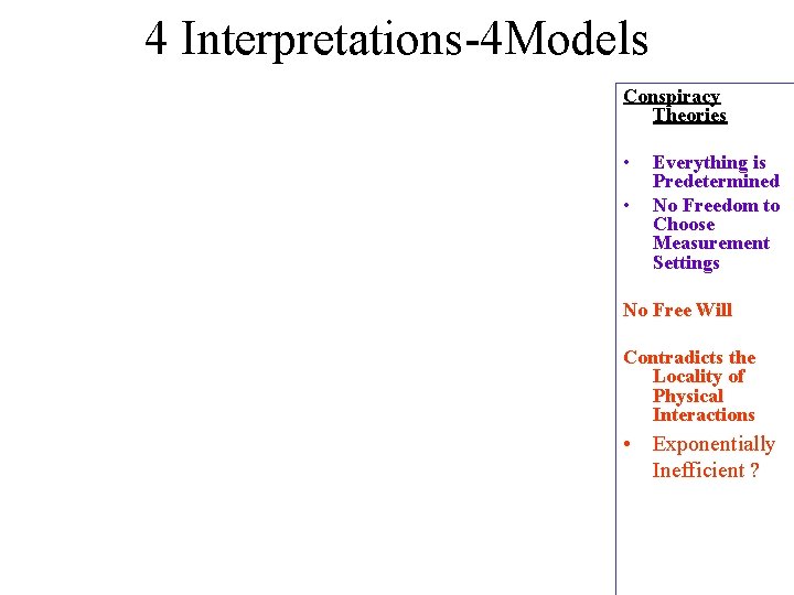 4 Interpretations-4 Models Conspiracy Theories • • Everything is Predetermined No Freedom to Choose