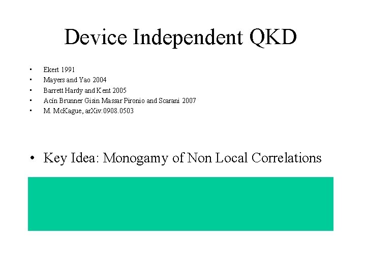 Device Independent QKD • • • Ekert 1991 Mayers and Yao 2004 Barrett Hardy