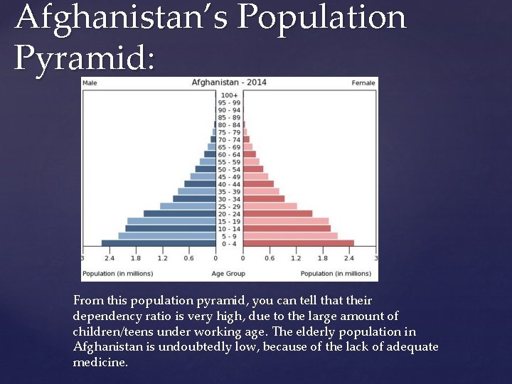 Afghanistan’s Population Pyramid: From this population pyramid, you can tell that their dependency ratio