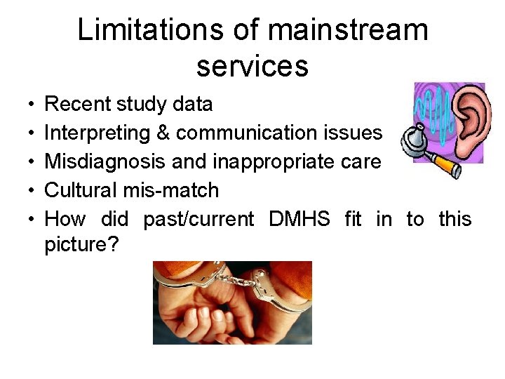 Limitations of mainstream services • • • Recent study data Interpreting & communication issues