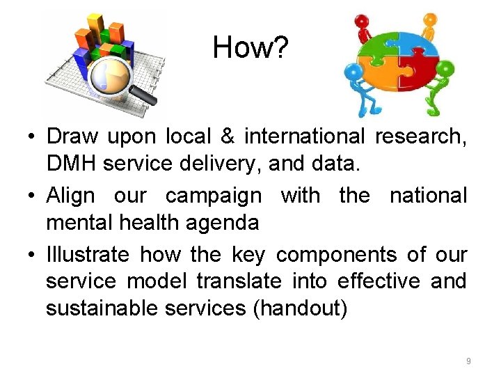How? • Draw upon local & international research, DMH service delivery, and data. •