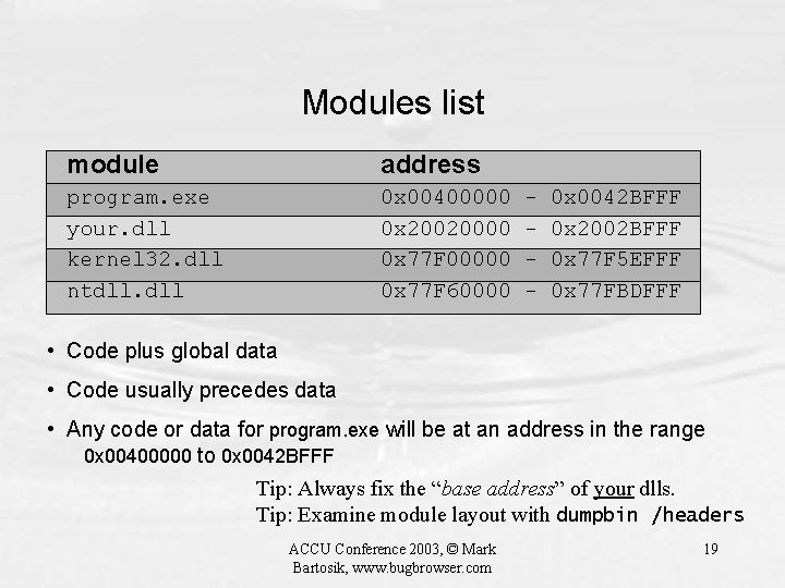 Modules list module address program. exe your. dll kernel 32. dll ntdll. dll 0