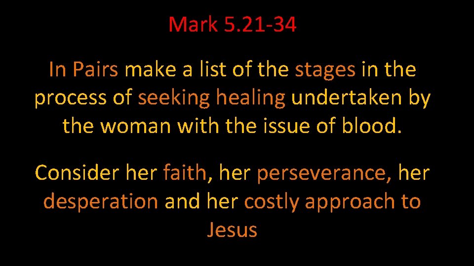 Mark 5. 21 -34 In Pairs make a list of the stages in the