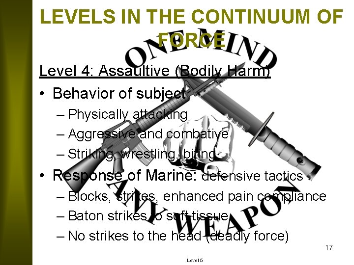 LEVELS IN THE CONTINUUM OF FORCE Level 4: Assaultive (Bodily Harm) • Behavior of