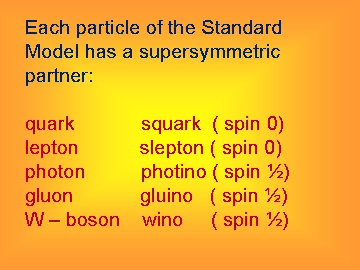 Each particle of the Standard Model has a supersymmetric partner: quark squark ( spin