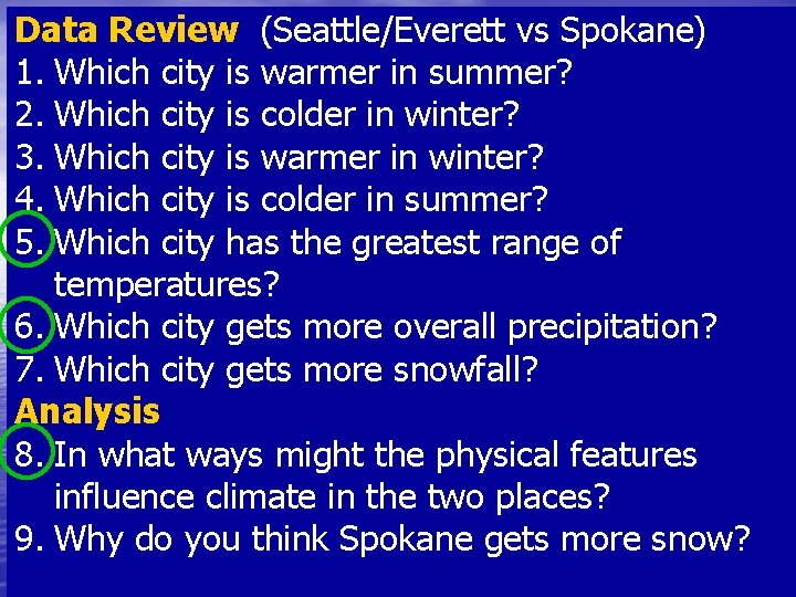 Data Review (Seattle/Everett vs Spokane) 1. Which city is warmer in summer? 2. Which