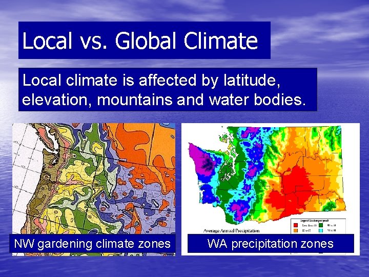 Local vs. Global Climate Local climate is affected by latitude, elevation, mountains and water
