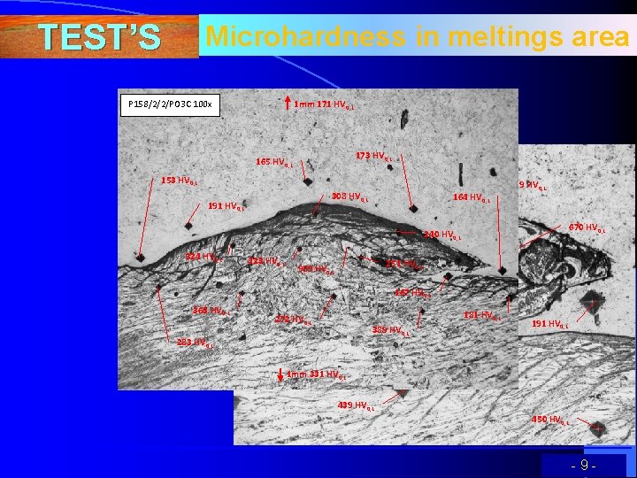 TEST’S Microhardness in meltings area P 158/2/2/PO 1 C 150 x P 158/2/2/PO 3