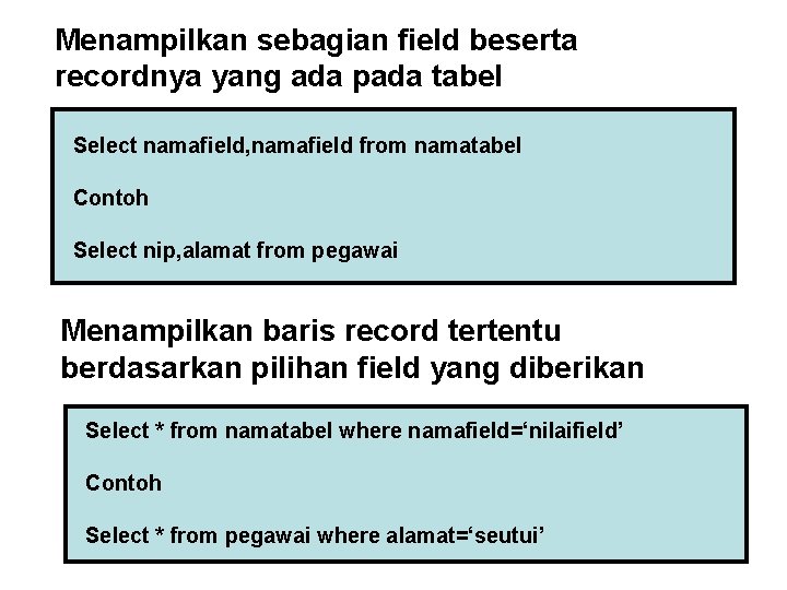 Menampilkan sebagian field beserta recordnya yang ada pada tabel Select namafield, namafield from namatabel