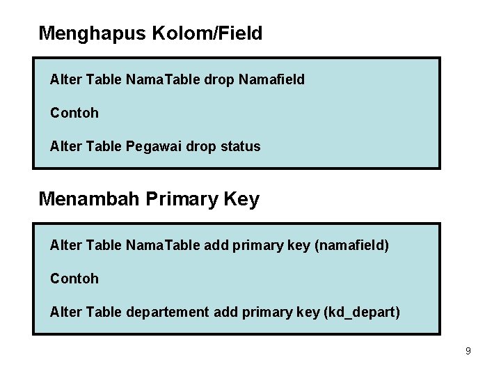 Menghapus Kolom/Field Alter Table Nama. Table drop Namafield Contoh Alter Table Pegawai drop status