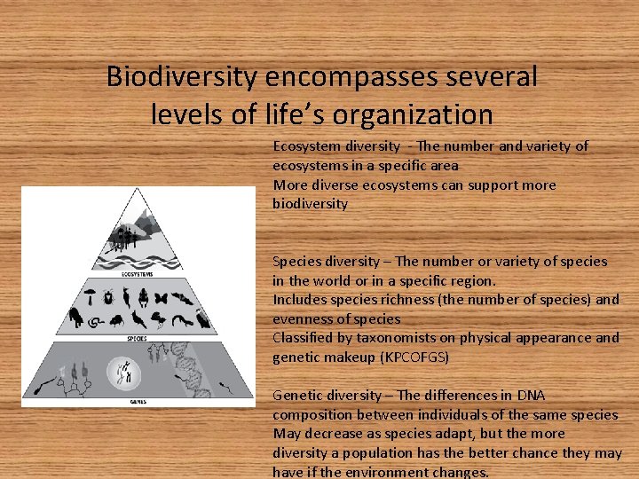 Biodiversity encompasses several levels of life’s organization Ecosystem diversity - The number and variety