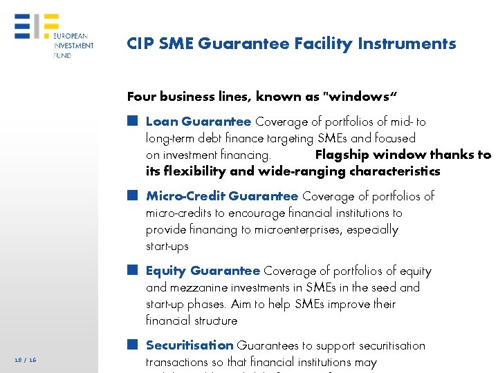 CIP SME Guarantee Facility Instruments Four business lines, known as "windows“ ■ Loan Guarantee