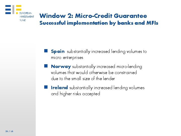 Window 2: Micro-Credit Guarantee Successful implementation by banks and MFIs n Spain substantially increased