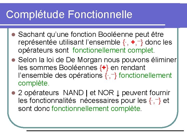 Complétude Fonctionnelle Sachant qu’une fonction Booléenne peut être représentée utilisant l’ensemble {∙, +, ─}