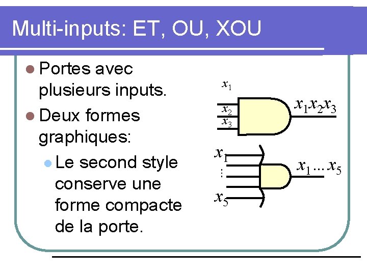 Multi-inputs: ET, OU, XOU l Portes avec plusieurs inputs. l Deux formes graphiques: l