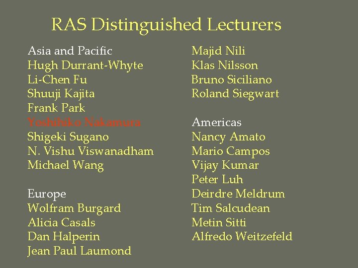 RAS Distinguished Lecturers Asia and Pacific Hugh Durrant-Whyte Li-Chen Fu Shuuji Kajita Frank Park