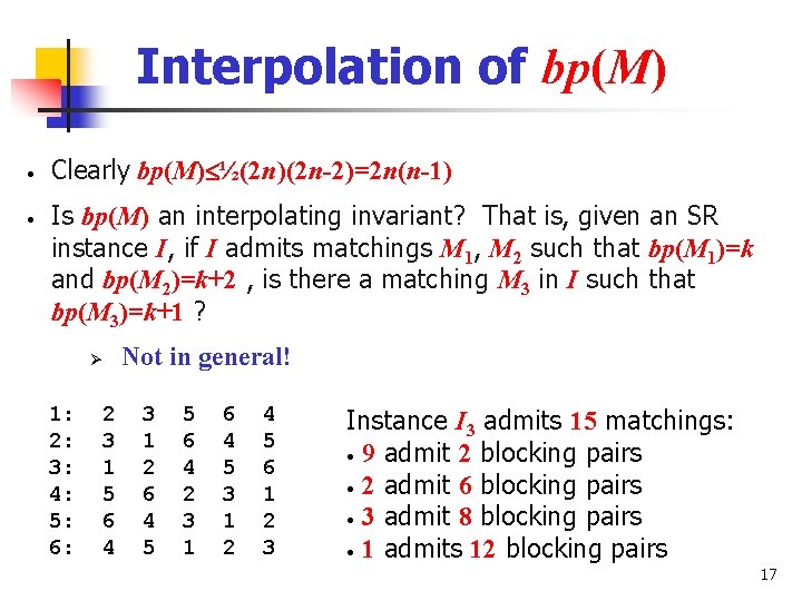 Interpolation of bp(M) • • Clearly bp(M) ½(2 n)(2 n-2)=2 n(n-1) Is bp(M) an