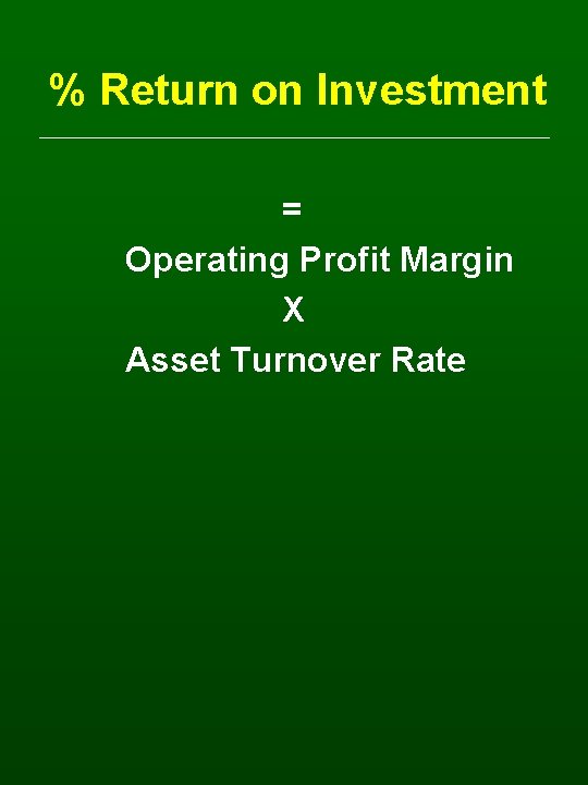 % Return on Investment = Operating Profit Margin X Asset Turnover Rate 