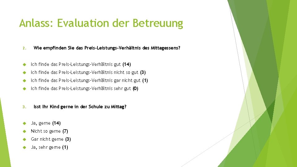 Anlass: Evaluation der Betreuung 2. Wie empfinden Sie das Preis-Leistungs-Verhältnis des Mittagessens? Ich finde