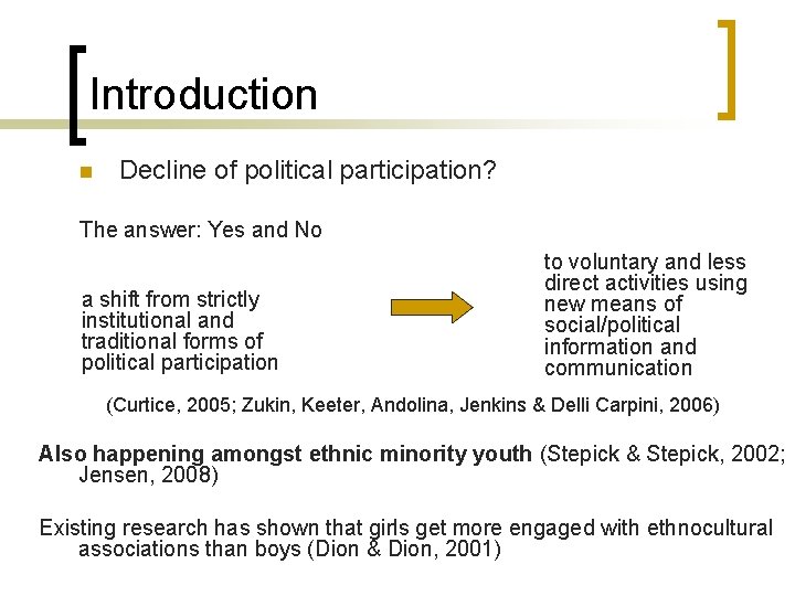 Introduction n Decline of political participation? The answer: Yes and No a shift from