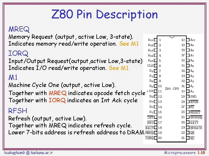 Z 80 Pin Description MREQ Memory Request (output, active Low, 3 -state). Indicates memory