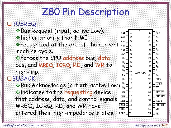 Z 80 Pin Description q. BUSREQ v. Bus Request (input, active Low). vhigher priority