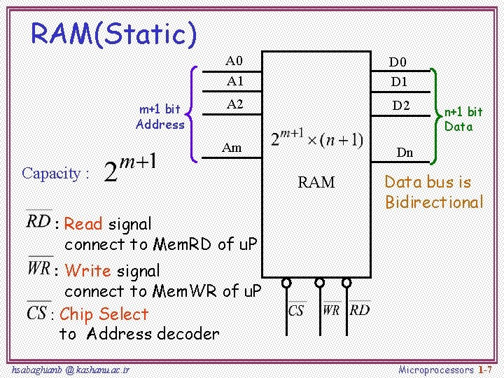 RAM(Static) m+1 bit Address A 0 A 1 D 0 D 1 A 2
