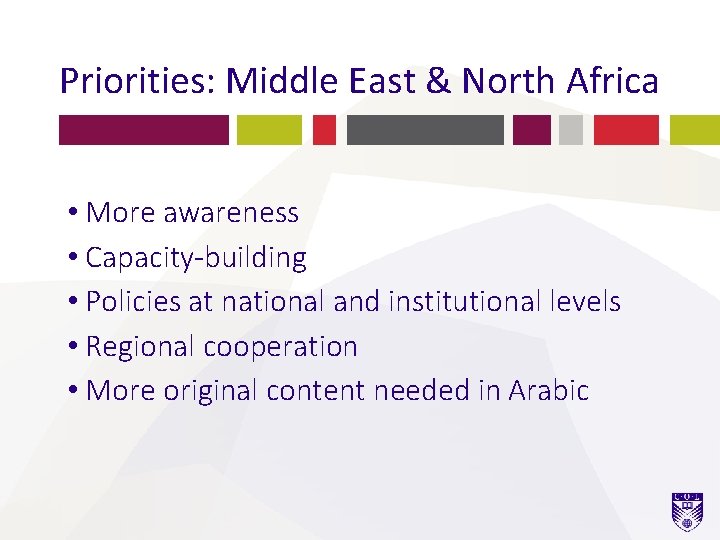 Priorities: Middle East & North Africa • More awareness • Capacity-building • Policies at