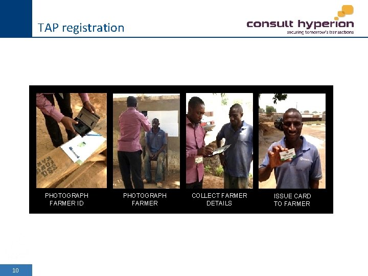 TAP registration PHOTOGRAPH FARMER ID 10 PHOTOGRAPH FARMER COLLECT FARMER DETAILS ISSUE CARD TO