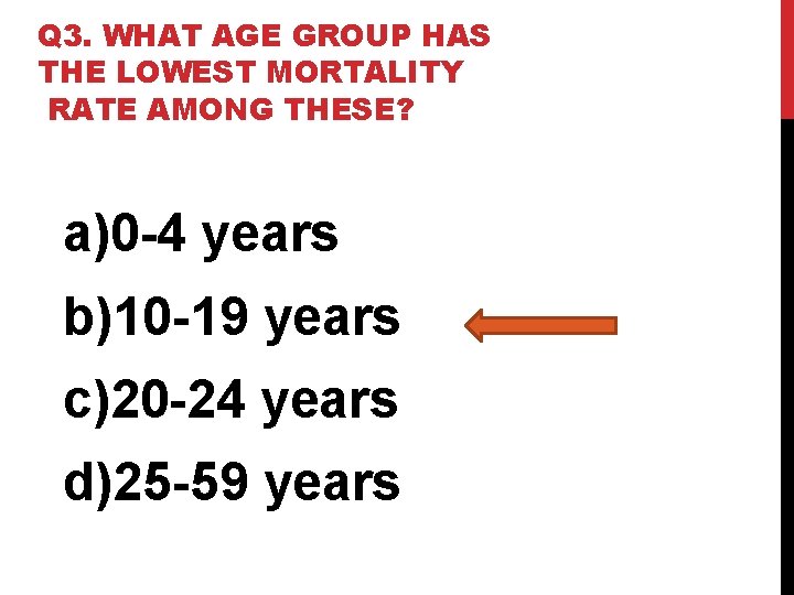 Q 3. WHAT AGE GROUP HAS THE LOWEST MORTALITY RATE AMONG THESE? a)0 -4