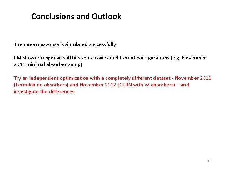 Conclusions and Outlook The muon response is simulated successfully EM shower response still has