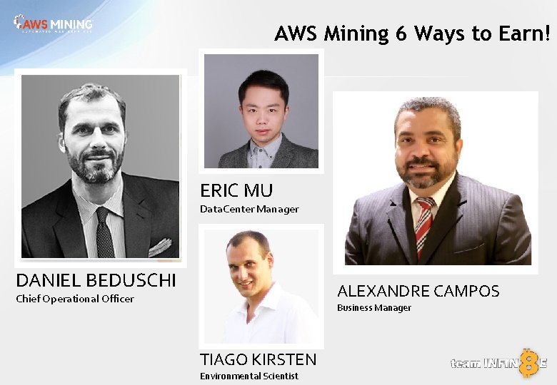 AWS Mining 6 Ways to Earn! ERIC MU Data. Center Manager DANIEL BEDUSCHI ALEXANDRE